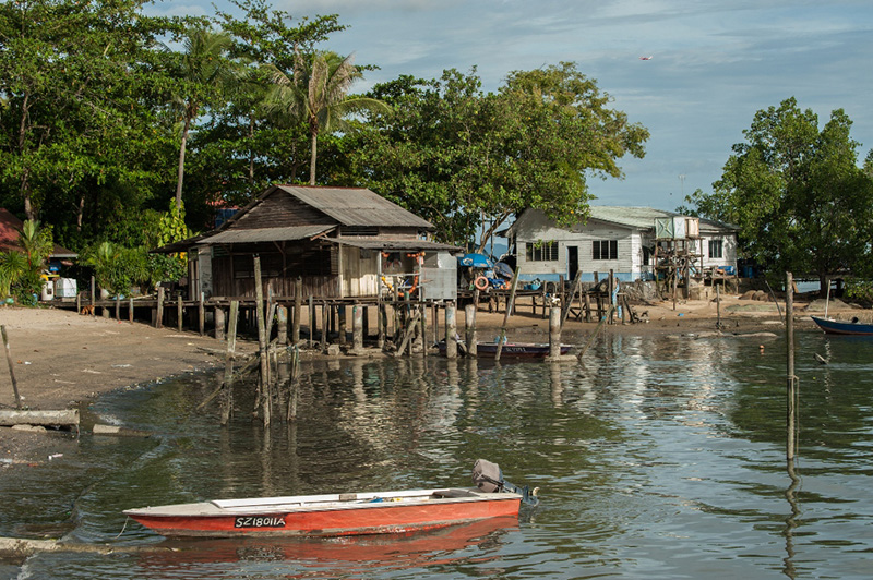 Traditional kampong houses on the water in Pulau Ubin, an island off Singapore